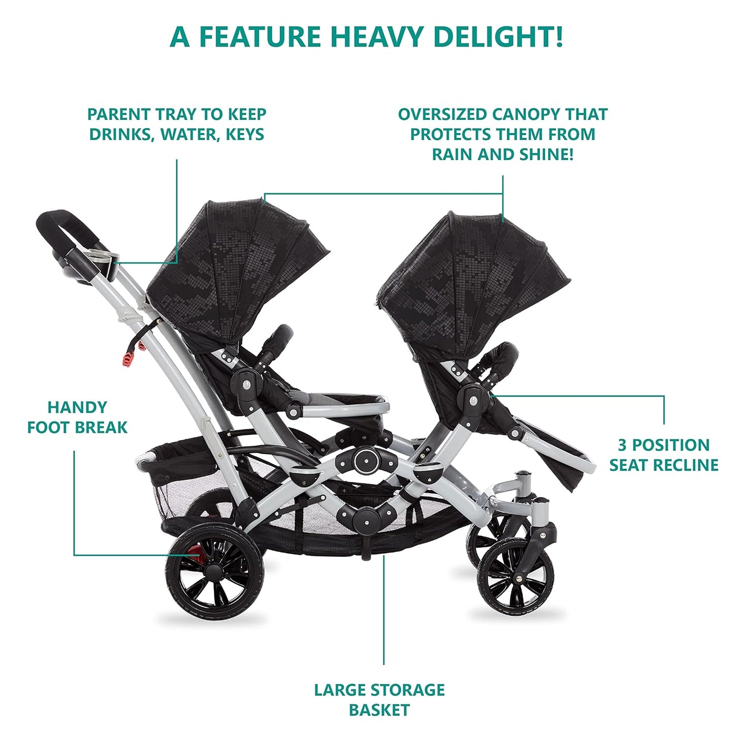 Dream On Me Track Tandem Double Umbrella Stroller in Slate, Lightweight Double Stroller for Infant and Toddler, Multi-Position Reversible & Reclining Seats, Large Storage Basket and Canopy