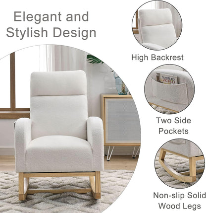 Nursery Rocking Chair with Solid Wood Legs, Glider Chair for Nursery with Two Side Pockets, Rocker Armchair for Living Room Bedroom (Ivory White, Teddy Fabric)
