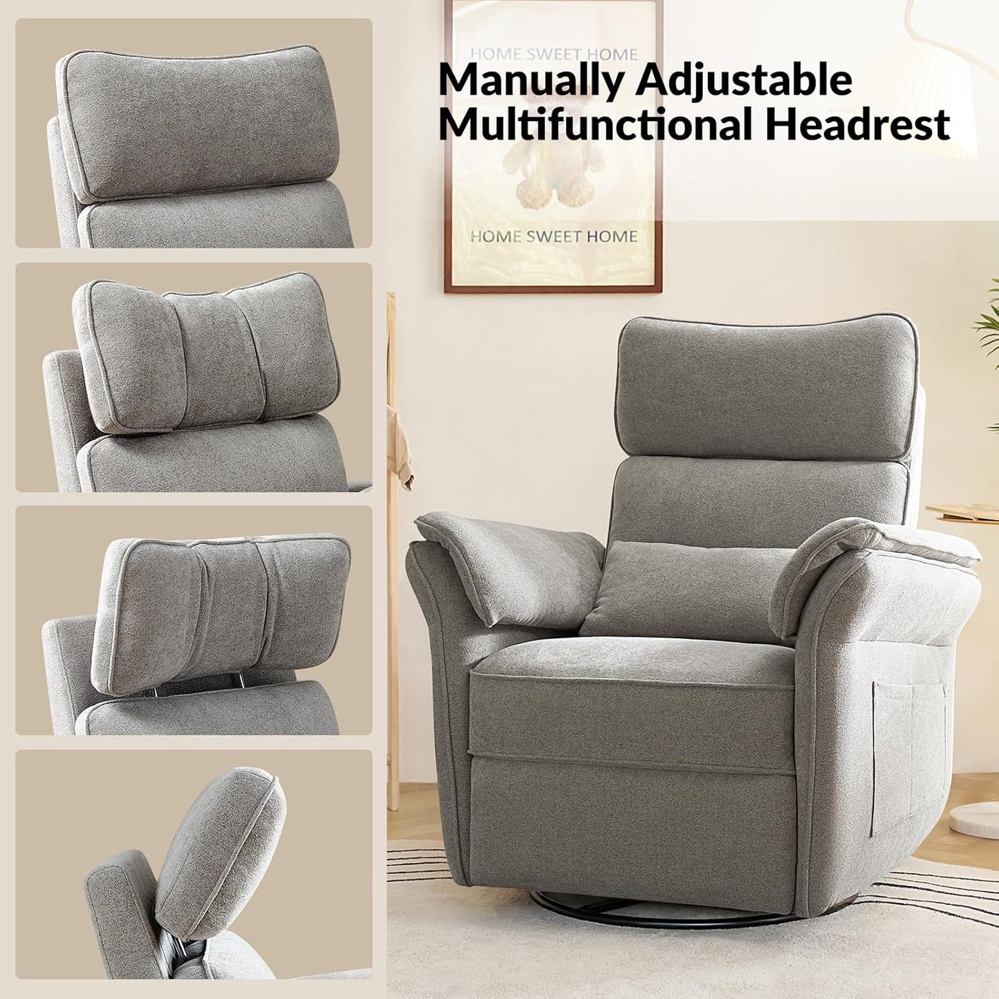 HULALA HOME Nursery Glider Recliner with Adjustable Headrest and Armrests, Power Swivel Rocker Recliner Chair with USB Port and Storage Bags, GREENGARD, FSC, CertiPUR-US® Certified, Beige