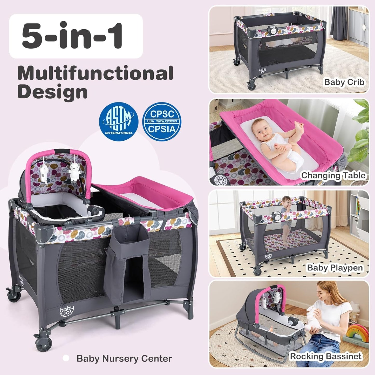 BABY JOY 5 in 1 Pack and Play, Portable Nursery Center Baby Playard w/Bassinet & Diaper Changing Table, Bag, Infant Bassinet Crib Activity Center for Baby Toddlers Indoor Outdoor (Royal Blue, Classic)