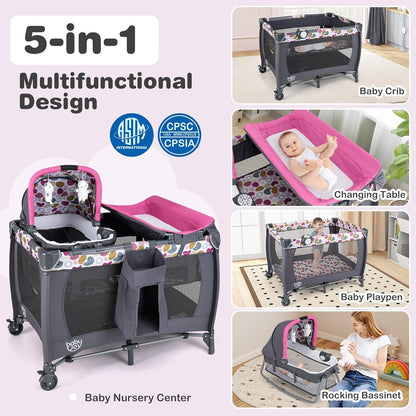 BABY JOY 5 in 1 Pack and Play, Portable Nursery Center Baby Playard w/Bassinet & Diaper Changing Table, Bag, Infant Bassinet Crib Activity Center for Baby Toddlers Indoor Outdoor (Royal Blue, Classic)