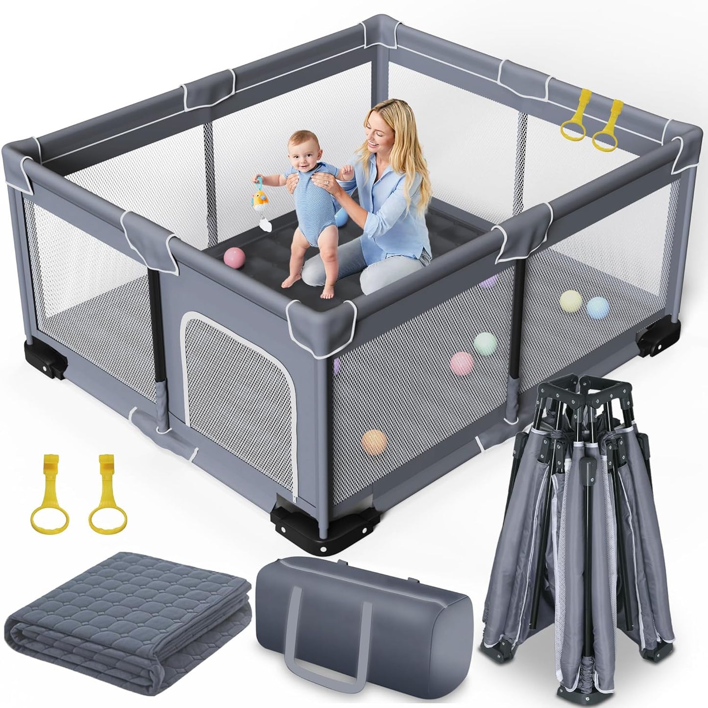 Jixrolyn Small Playpen for Babies and Toddlers, 36"x36", Soft Breathable Mesh, Anti-Slip Base, Mini Baby Play Yard with Pull-Up Ring