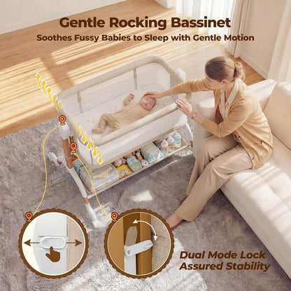Ezebaby 3 in 1 Baby Bassinet Bedside Sleeper, Rocking Bassinet for Baby with Comfy Mattress & Breathable Full Mesh Sides, 7 Height Adjustable | Portable Crib for Newborns with Lockable Wheels