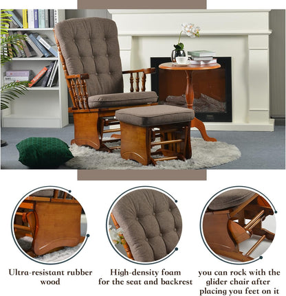 Rustic Glider Chair for Nursery with Ottoman, Resistant Rubber Wood Nursery Glider and Ottoman Sets for Relaxing, Rocking Chair for Living Room Bedroom