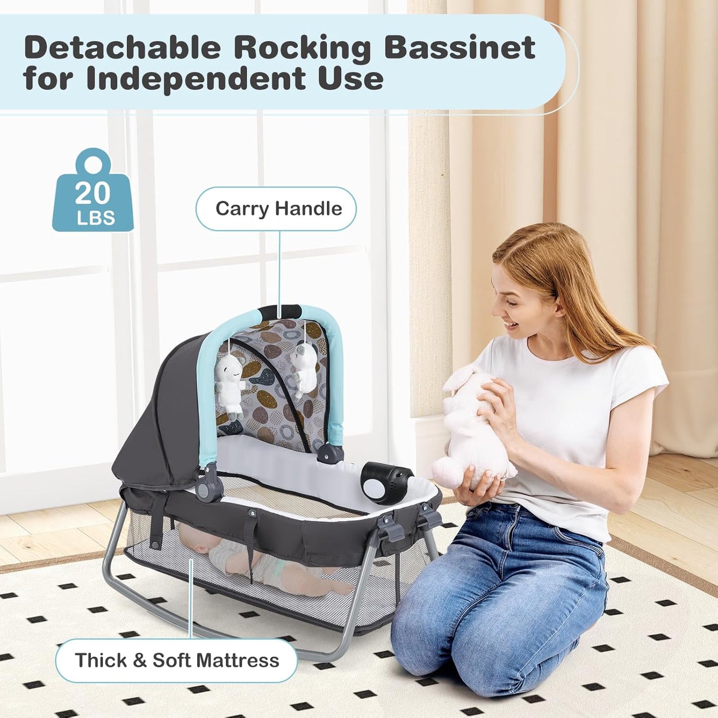HONEY JOY Pack and Play, 5 in 1 Portable Infant Playpen with Bassinet & Changing Table, Storage Bag, Music Box, Toys, Carry Bag, Nursery Center, Baby Playard Pack n Play Crib for Boys Girls