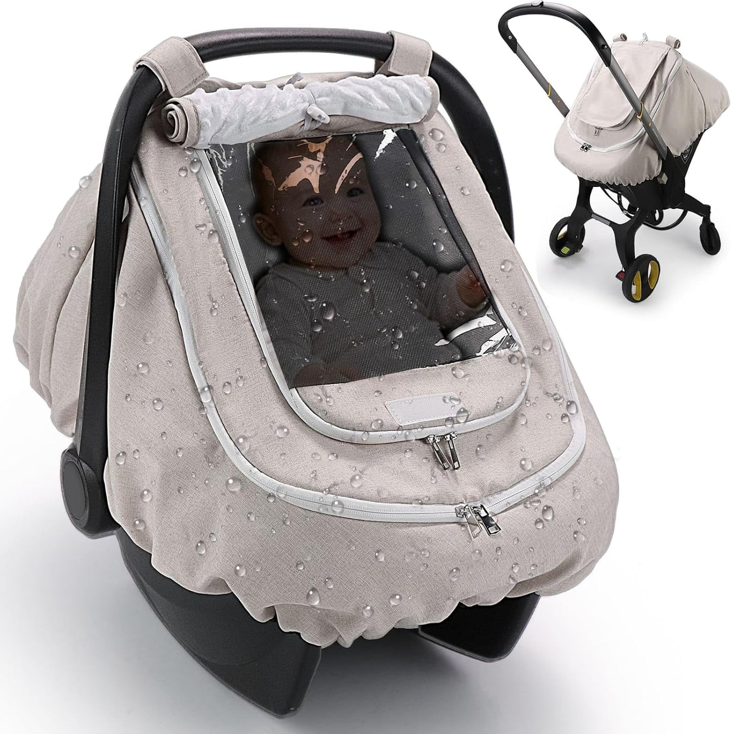 TinlyFinly Waterproof Car Seat Cover for Baby, 2-Layer Car Seat Rain Cover with Clear Window & Sunshade & Mesh Cover, Universal Infant Carseat Canopy for Stroller, Protect from Rain and Snow - Gray