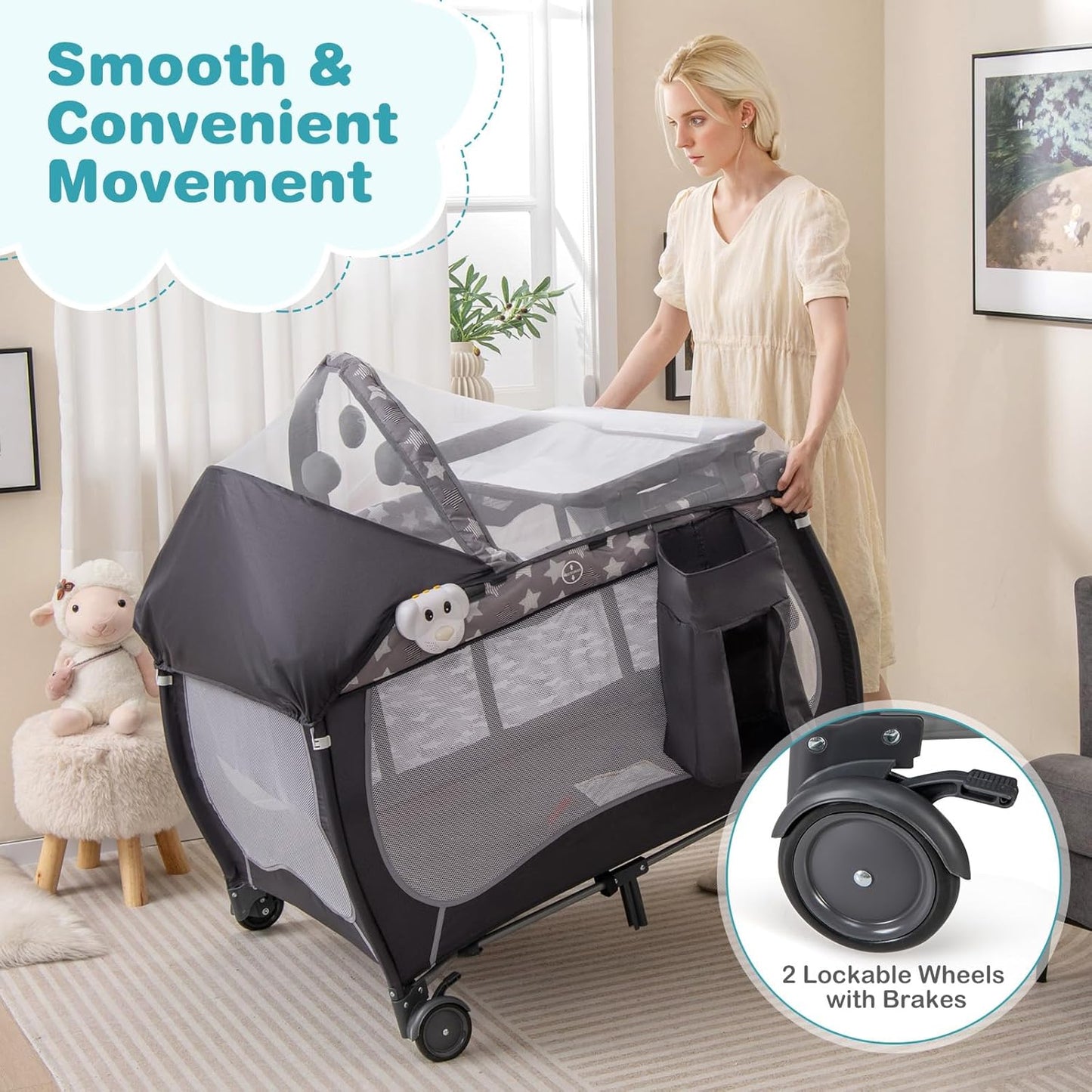 HONEY JOY Pack and Play with Bassinet, 4-in-1 Portable Baby Playard with Changing Table, Net & Cute Toys, Diaper Storage Bag, Music Box, Wheels with Brake, Foldable Newborn Play Yard w/Carry Bag