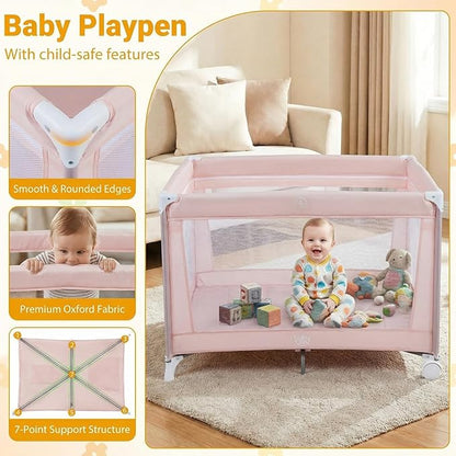 BABY JOY Pack and Play with Bassinet, Portable Playard for Baby, Double Layer Foldable Baby Playpen with Mattress, Lightweight Pink Travel Crib with Bassinet & Carry Bag from Newborn to Toddlers