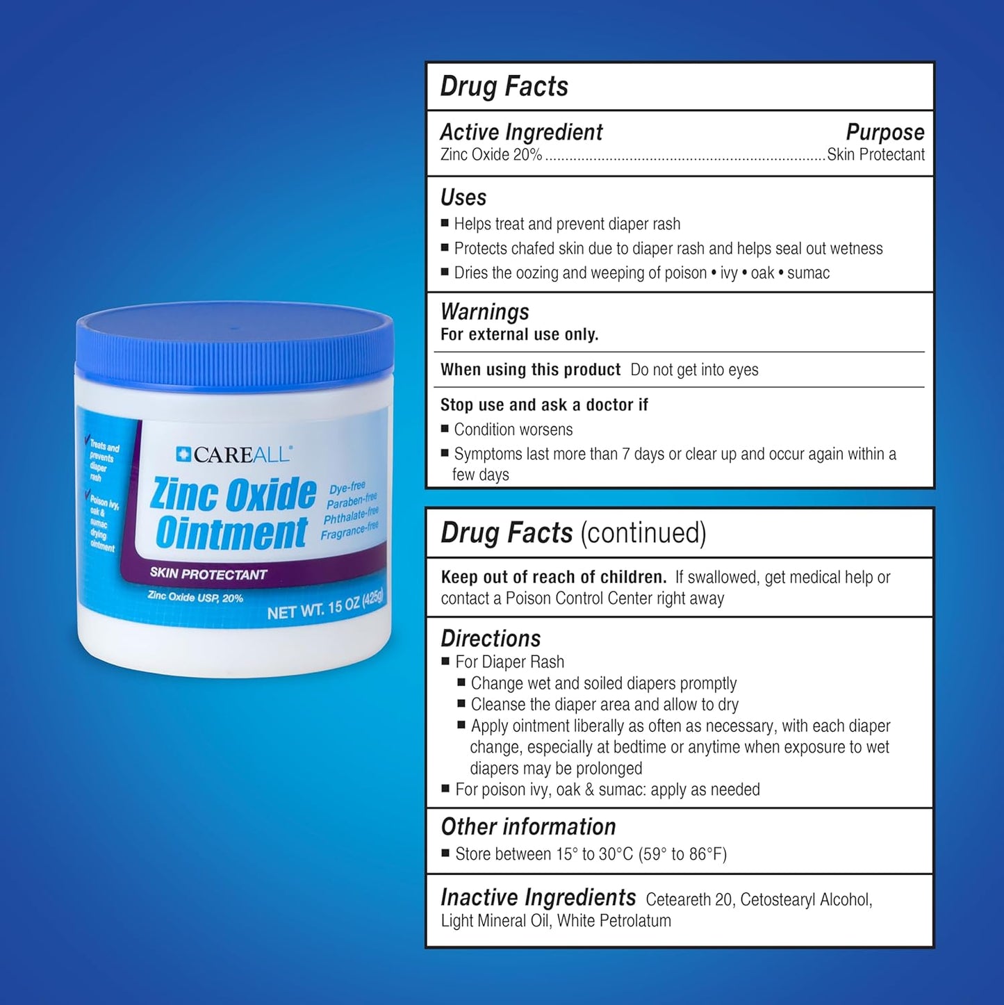 CareAll Zinc Oxide 20% Skin Protectant Barrier Ointment 15 oz., Provides Relief, Prevention and Treatment for Chafing due to Diaper Rash. Helps Seal Out Wetness. Non-Nano.