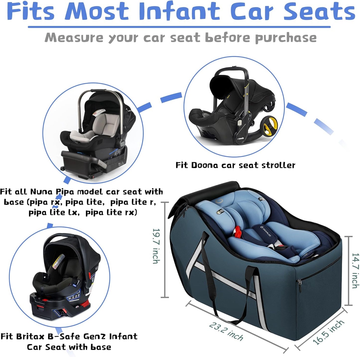 Infant Car Seat Travel Bag for Airplane Compatible with All Nuna Pipa Car Seat and Base,Chicco KeyFit 30 and Base, Padded Car Seat Bags for Air Travel,Car Seat Gate Check Bag with Side Pocket, Black