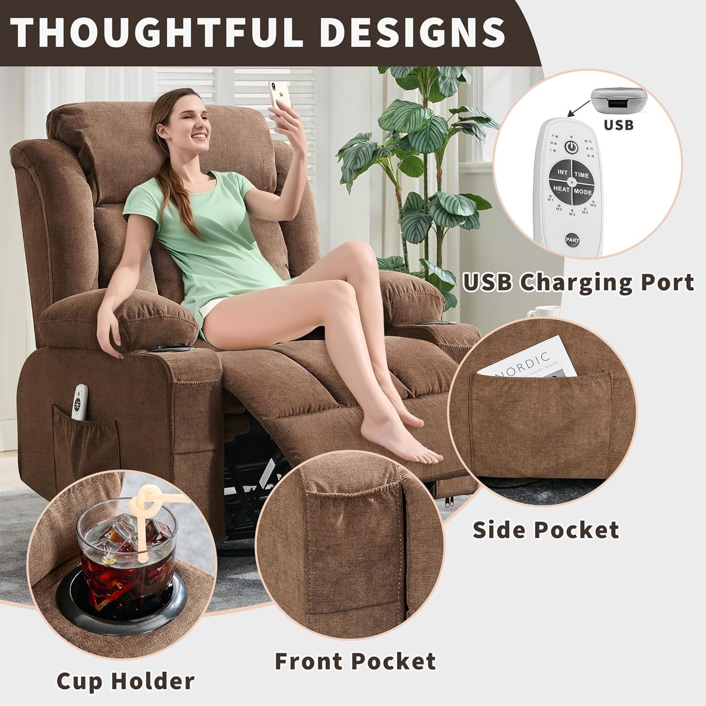 GarveeLife Rocking Recliner Chair for Nursery Glider Recliner with Cup Holder Swivel Rocker with Upholstered Deep Seat Comfy Single Sofa for Living Room Grey