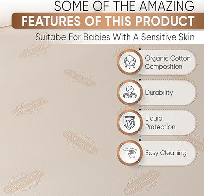 Crib Organic Mattress Protector Pad - OCS Certified Organic Cotton Waterproof Breathable Mattress Pad Cover - 250 GSM Comfort - Deep Pocket - Fitted Comfort