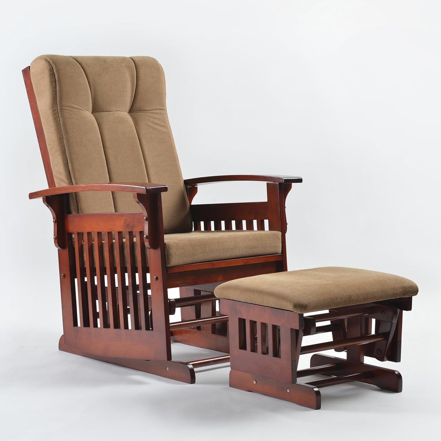 Rustic Rubber Wood Glider and Ottoman Set, Nursery Glider Chair for Breastfeeding and Relaxing, Comfortable Rocking Chair for Living Room and Bedroom（Tan）