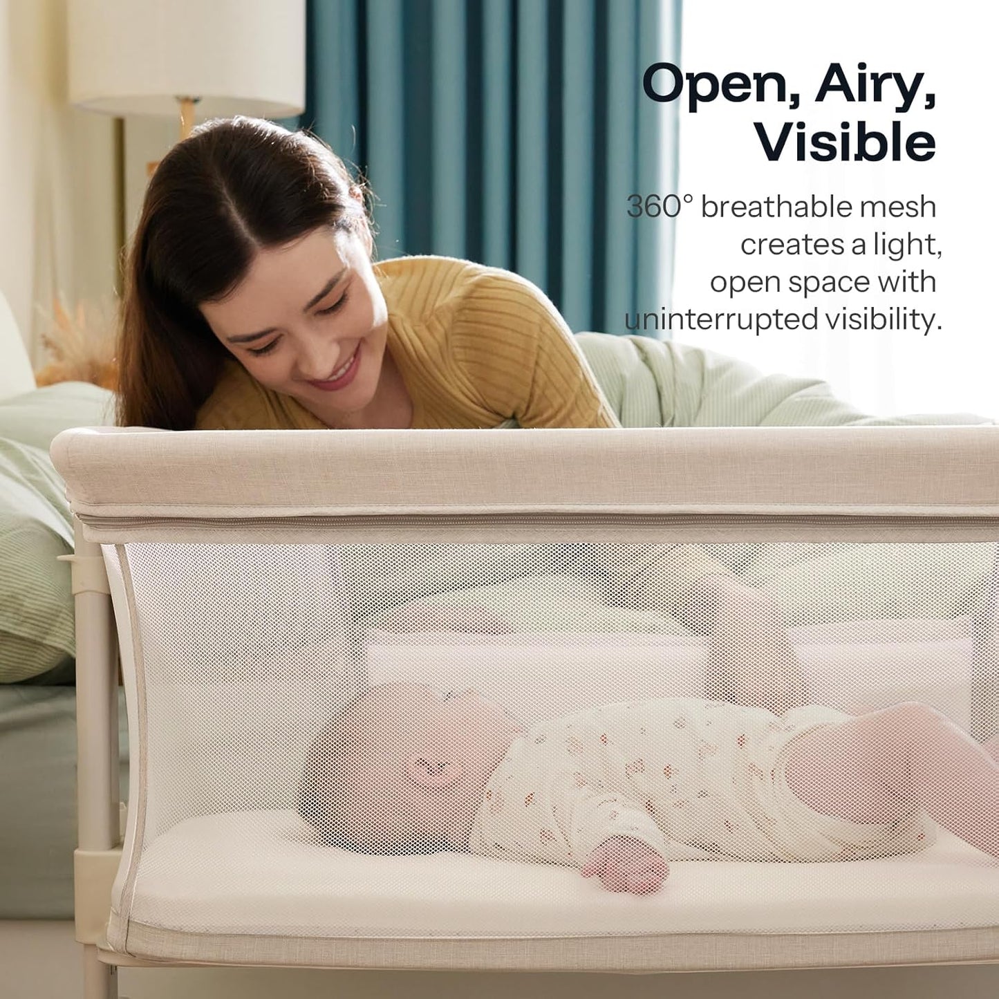 HARPPA Cuddly Lite Bassinet, 2 in 1 Baby Bassinet with Breathable Mesh and Mattress, 6 Height Adjustable, Bedside Sleeper with Anchor Strap, Storage Basket and Wheels, Light Grey