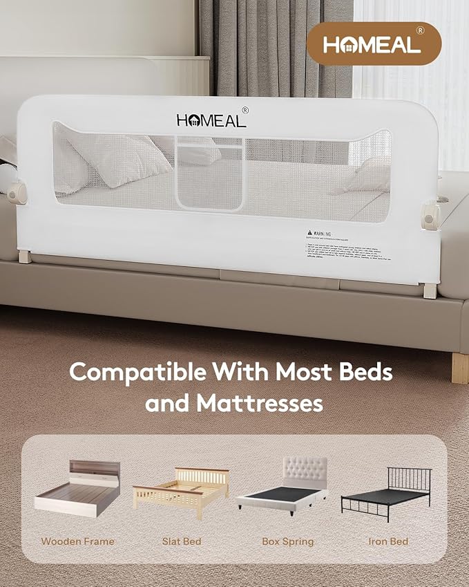 HOMEAL 59in Foldable Toddler Bed Rails, Bed Rail for Toddlers with U-Shape Base, Baby Bed Rail Guard for Twin, Full, Queen, King Beds, Bed Rail for Baby, White