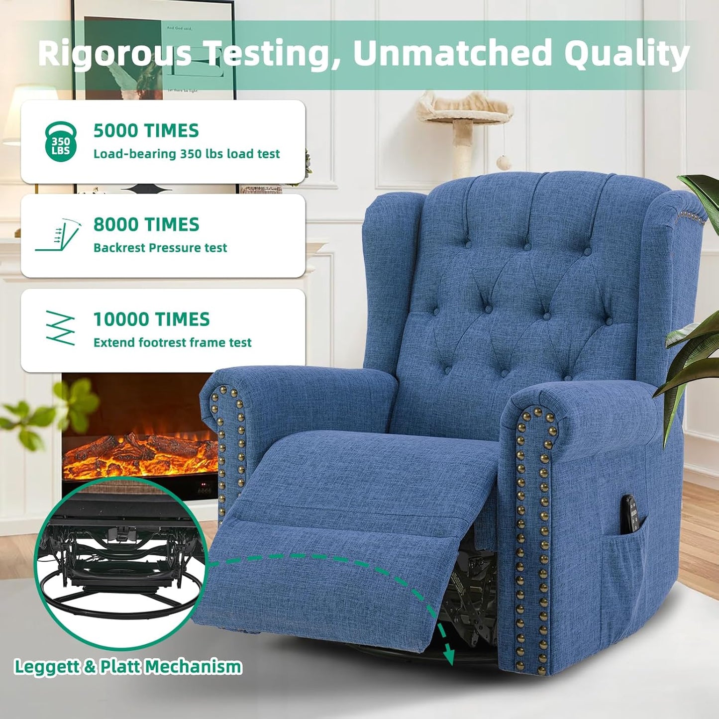 VIVIJASON Power Swivel Rocking Recliner Chair with Massage & Heat, Electric Rocker Nursery Glider Chair, Wingback Tufted Upholstered Recliner W/Type-C & USB Ports for Living Room, Bedroom, Beige