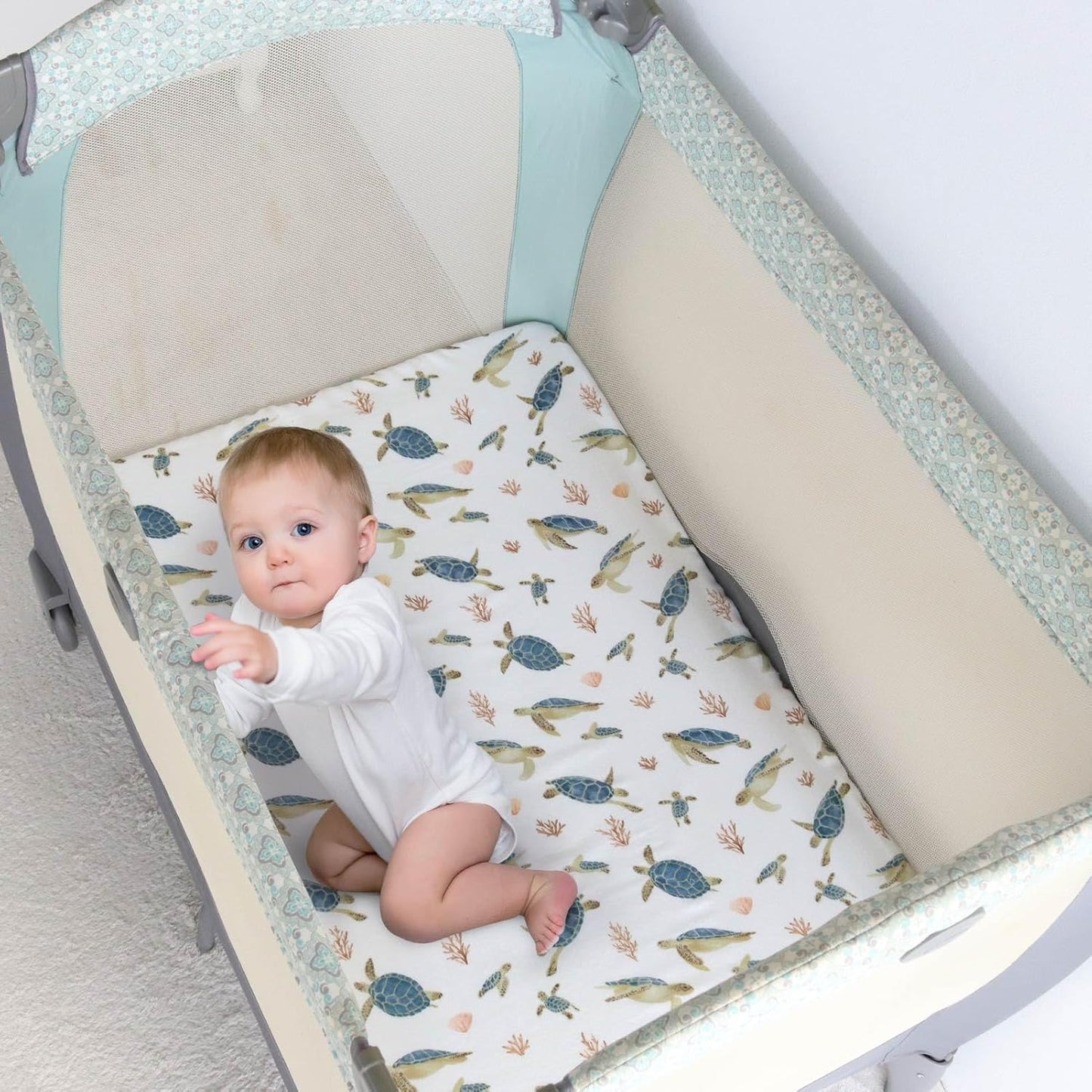 LifeTree Crib Sheets for Baby Unisex - Muslin Fitted Crib Sheets Toddler Bed Sheet, 70% Viscose from Bamboo and 30% Cotton, Fits Mini Crib & Pack and Play Playard, Bear, 26in x 38in