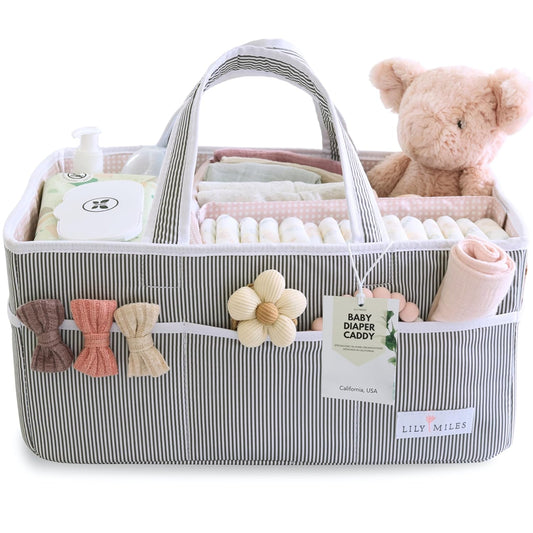 Lily Miles Baby Diaper Caddy Organizer - Large Tote Bag for Newborn essentials Boy or Girl - Baby Shower Basket - Nursery Must Haves - Registry Favorites - Newborn Caddie Car Organizer