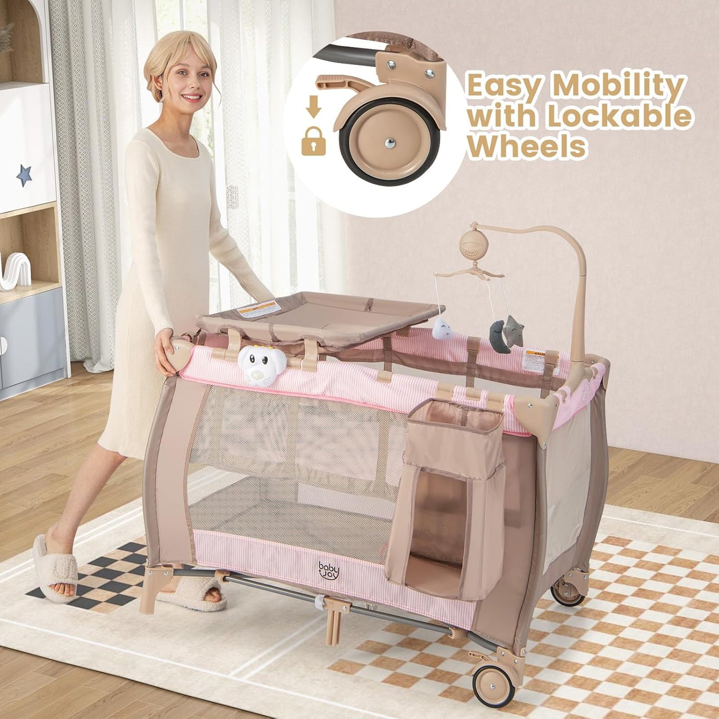 Costzon 3 in 1 Pack and Play with Bassinet, Portable Baby Playard with Changing Table, Music Box, Whirling Toys, Wheels/Brake, Basket, Foldable Infant Bassinet Crib for Baby Toddlers Indoor Outdoor