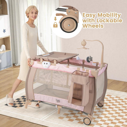 Costzon 3 in 1 Pack and Play with Bassinet, Portable Baby Playard with Changing Table, Music Box, Whirling Toys, Wheels/Brake, Basket, Foldable Infant Bassinet Crib for Baby Toddlers Indoor Outdoor