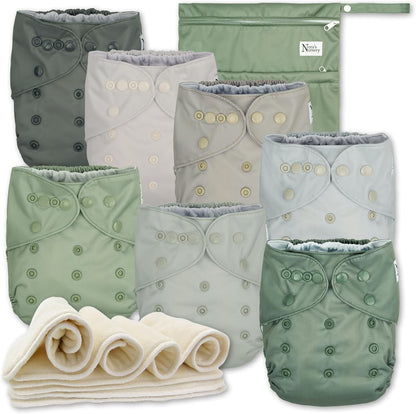 Nora's Nursery AWJ Cloth Diapers 7 Pack with 1 Wet Bag - Waterproof Cover, Washable, Reusable & One Size Adjustable Pocket Diapers for Newborns and Toddlers - Dahlia