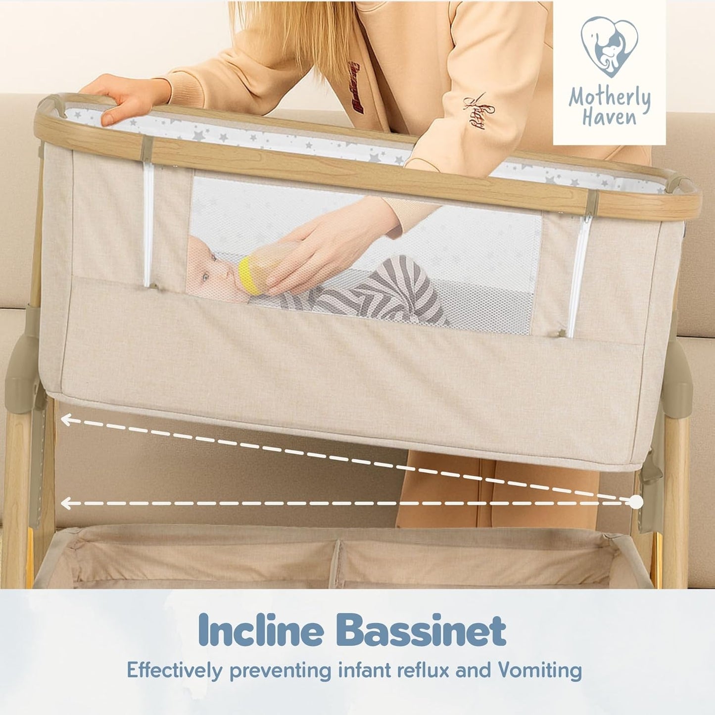 Motherly Haven Baby Bassinet Bedside Sleeper, Portable Crib for Newborns, Adjustable 7-Height Auto-Lock, with Wheels, Soft Mattress & Breathable Mesh (Light Grey)