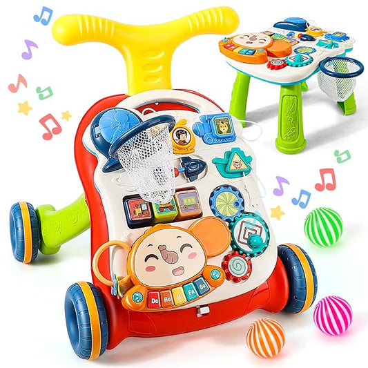 TOY Life 3 in 1 Baby Push Walker and Activity Center, Sit to Stand Walker for Babies 6-12 Months, Baby Walking Toys with Music Panel for Girls Boys, Toddlers Push Toys Gifts for Learning to Walk Red