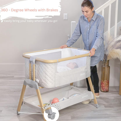 3 In 1 Baby Bassinet with Wheels, Portable Bedside Sleeper for Baby with 7 Adjustable Heights and Foam Mattress, Baby Bedside Crib for Newborns and Infants with Storage Basket, Carry Bag Included