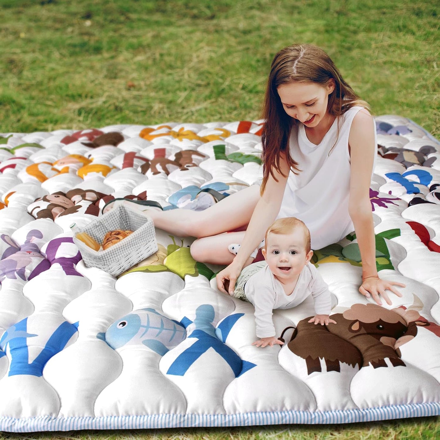 Baby Play Mat, 50x50 Playpen Mat with Super Soft Touch, Activity Mats with Upgraded Anti-Slip Bottom, Machine Washable Crawling Mats for Floor & Picnic (Animal Alphabets)