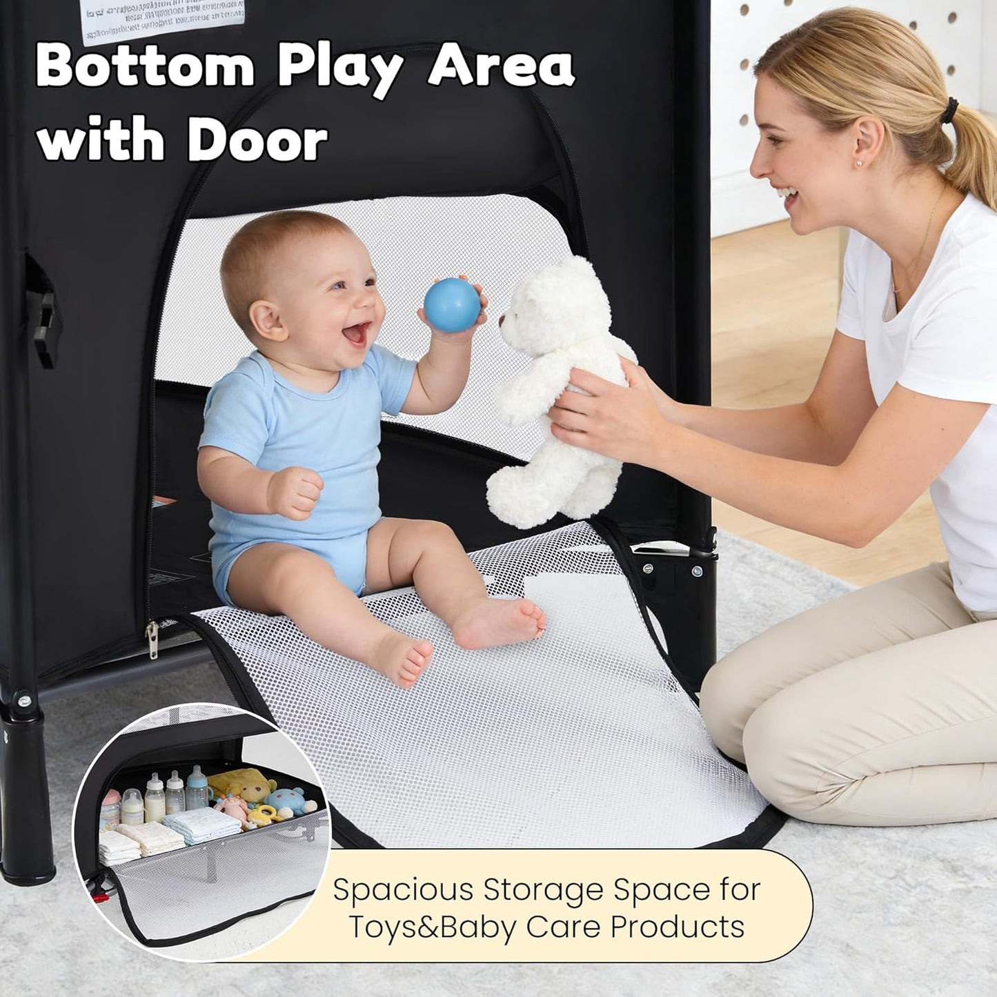 5-in-1 Baby Bassinet Bedside Sleeper with Swing Tube Converts to Cradle, Baby Crib with Mattress, Detachable Diaper Changer, Mosquito Net and Toy - Black