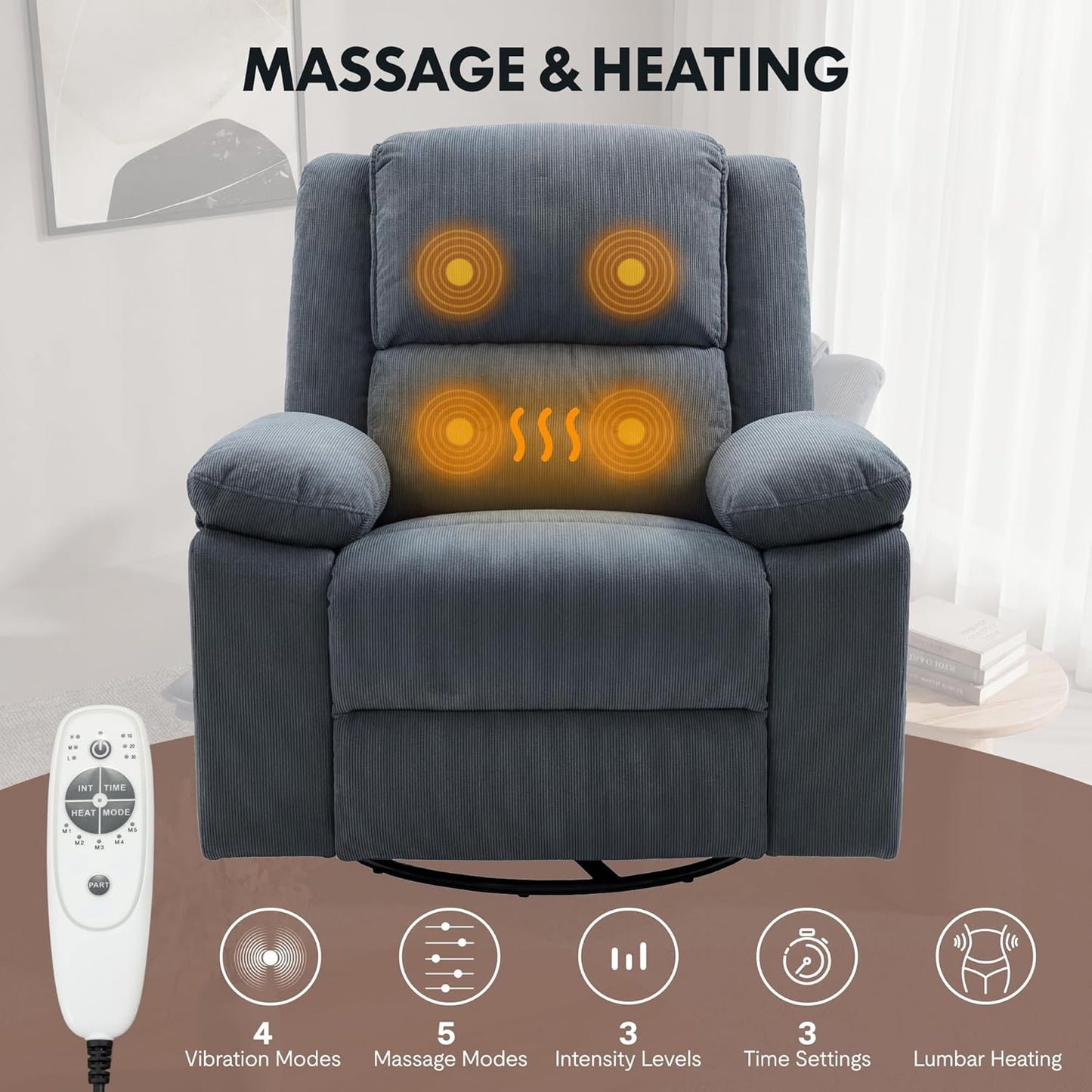 FLEXISPOT Swivel Rocker Recliner Chair for Adults, Massage Recliner Rocking Chair Nursery, 360° Swivel Nursery Glider for Living Room Bedroom, Beige (XRC2)