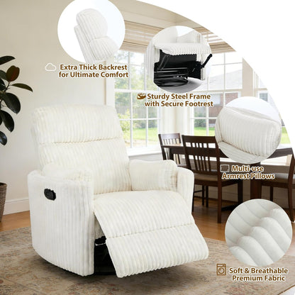 Oversized Swivel Rocking Chair, Manual Large Rocker Recliner Chairs for Adults, Corduroy Nursery Glider Barrel Chair with 2 Pillows, Wide Recliner for Living Room, Bedroom, Nursery, White