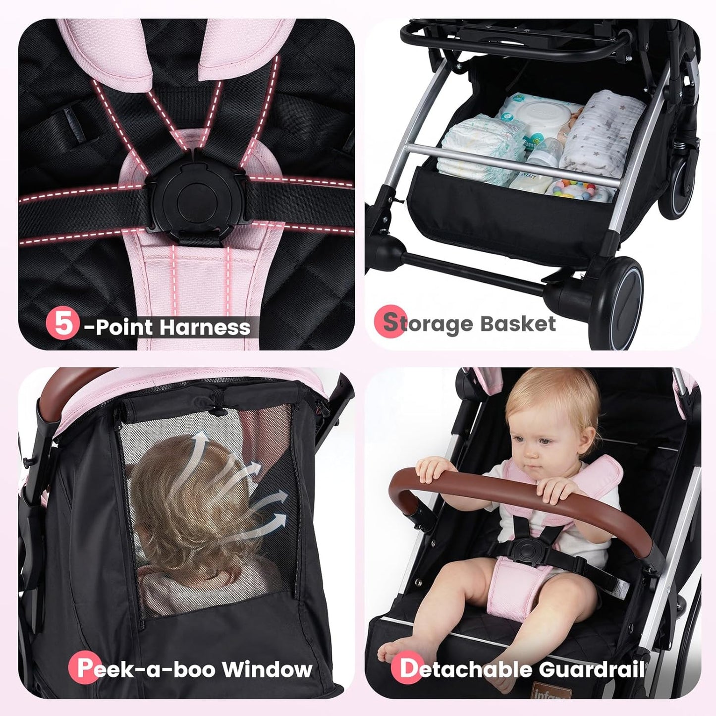 INFANS Travel Stroller, Lightweight Compact Baby Stroller for Airplane with One-Hand Fold, Multi-Position Recline, Canopy, 4 Wheel Suspension, Storage Basket (Grey+Black)