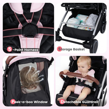 INFANS Travel Stroller, Lightweight Compact Baby Stroller for Airplane with One-Hand Fold, Multi-Position Recline, Canopy, 4 Wheel Suspension, Storage Basket (Grey+Black)