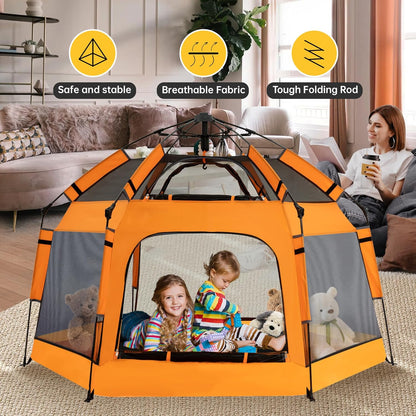 Instant Pop Up Baby Playpen with UV Canopy & Safety Lock, Portable Outdoor Beach Tent Play Yard for Toddlers, Breathable Mesh & Carry Bag, Indoor & Backyard Use (Orange)