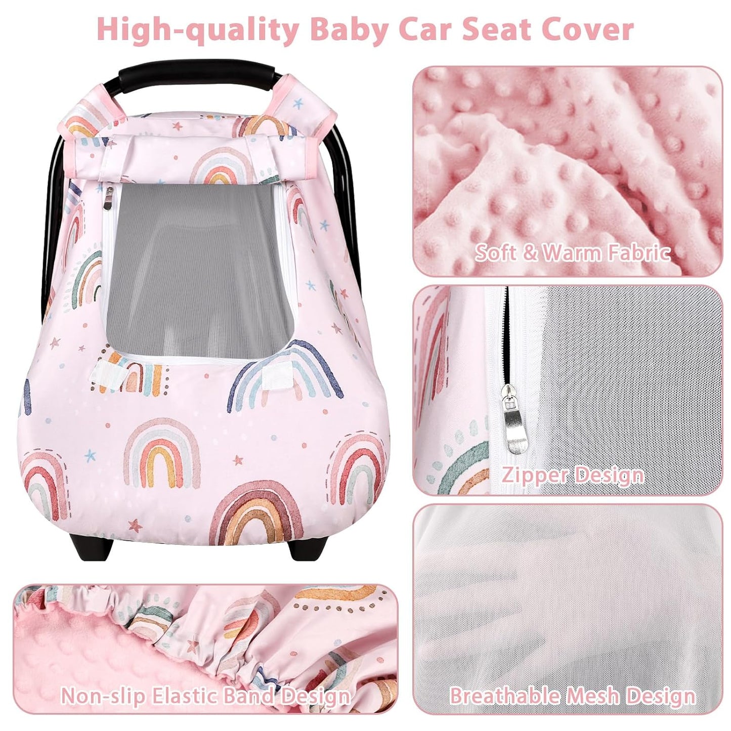 Car Seat Cover Baby Girl, Warm Winter Carseat Cover for Baby, Kick-Proof Infant Car Seat Cover with Peep Window, Windproof & Cozy, Pink Rainbow
