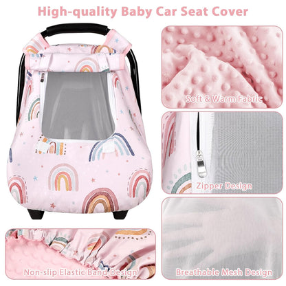 Car Seat Cover Baby Girl, Warm Winter Carseat Cover for Baby, Kick-Proof Infant Car Seat Cover with Peep Window, Windproof & Cozy, Pink Rainbow