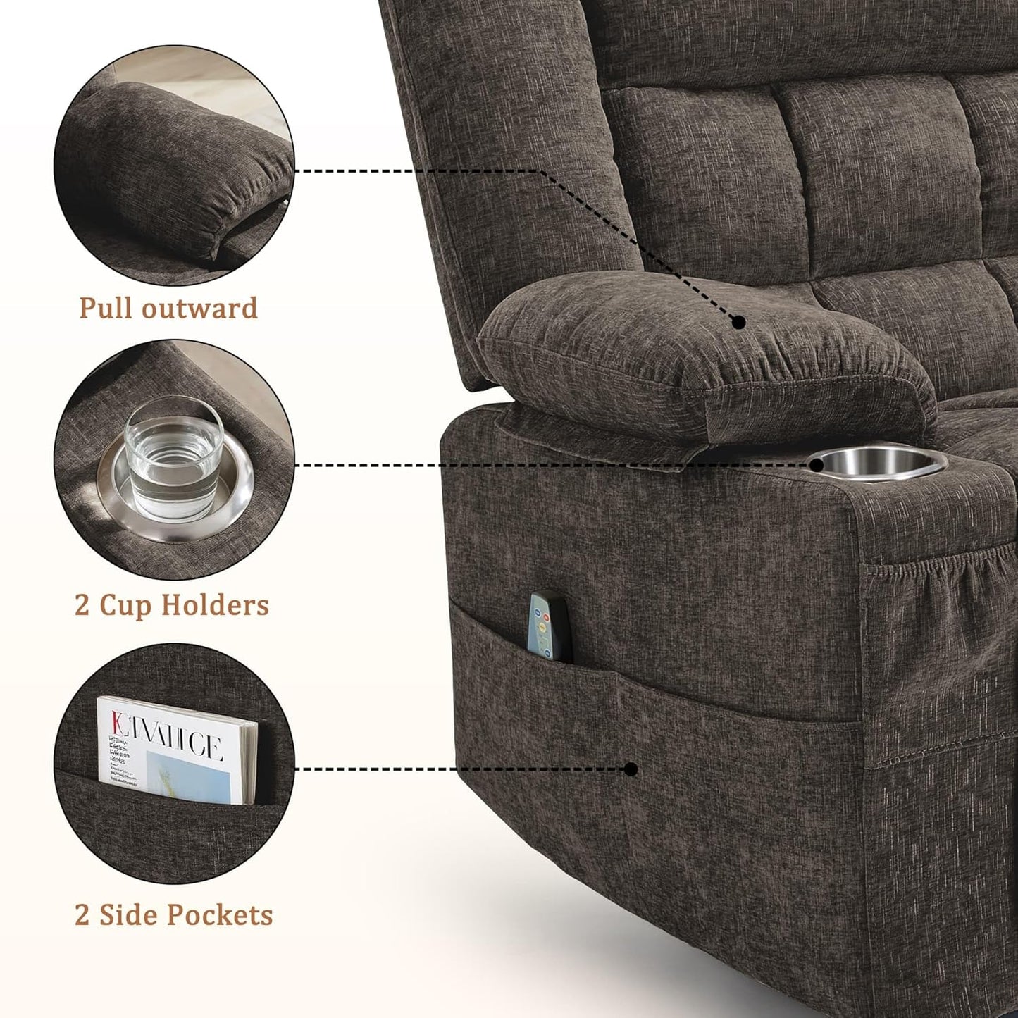 Korser 360° Swivel Rocker Recliner for Adults, Nursery Glider Recliner with Massage and Heating, Rocking Chair with Cup Holder, Manual Recliner Chair for Living Room, Bedroom (Fabric, Beige)
