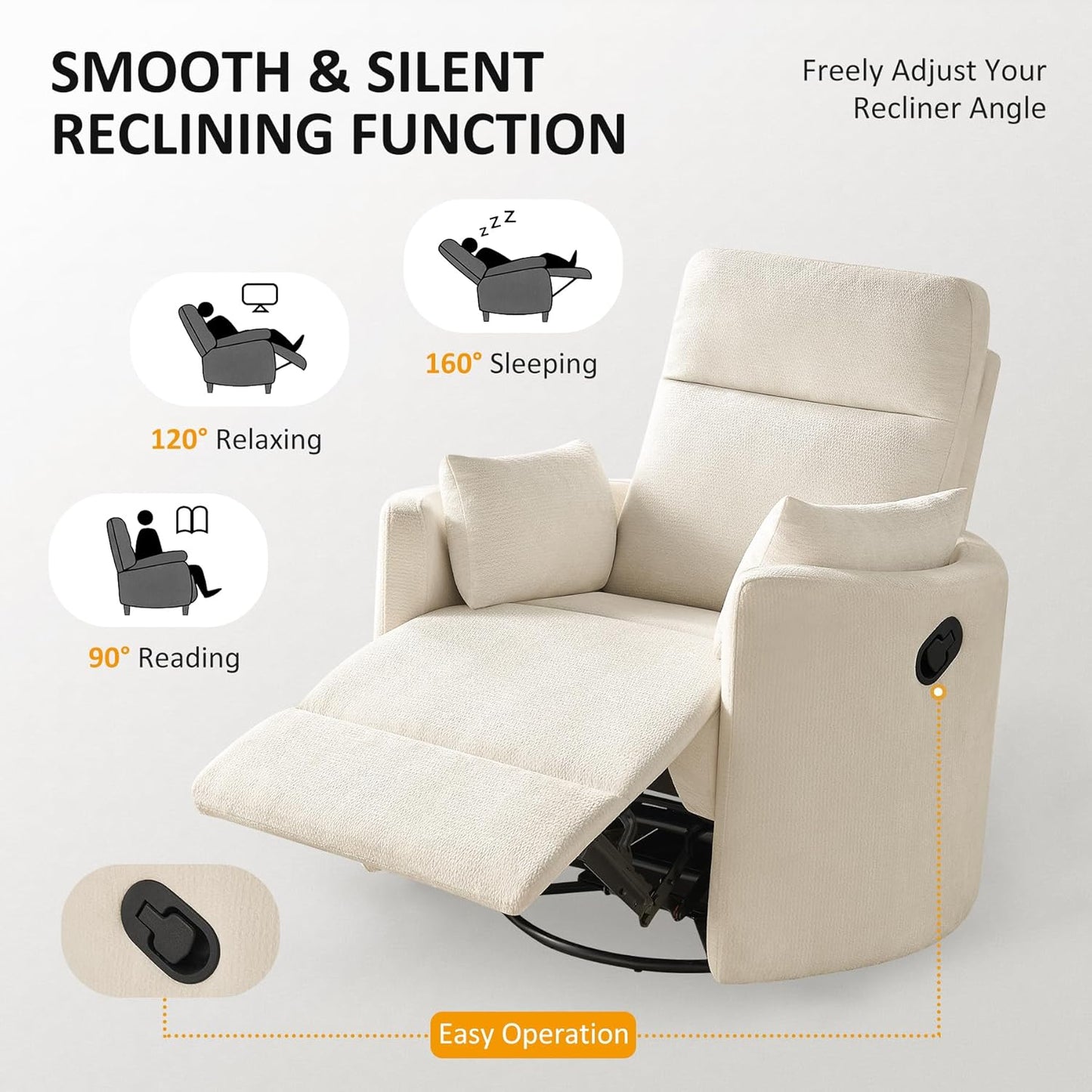 Nursery Rocking Chair, Oversized 360° Swivel Glider Recliner Chair, Upholstered Nursery Rocker with 2 Pillows and Footrest, Cozy Reclining Sofa for Living Room, Bedroom, Nursing, Olive