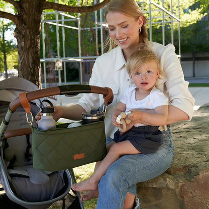 Beautiful Stroller Caddy Organizer With 2 Cup Holders – Luxury Stroller Bag, Universal Fit, Leather Straps & Zipper Pocket – Spacious Accessories Perfectly Fits Doona, Nuna & Uppababy Strollers