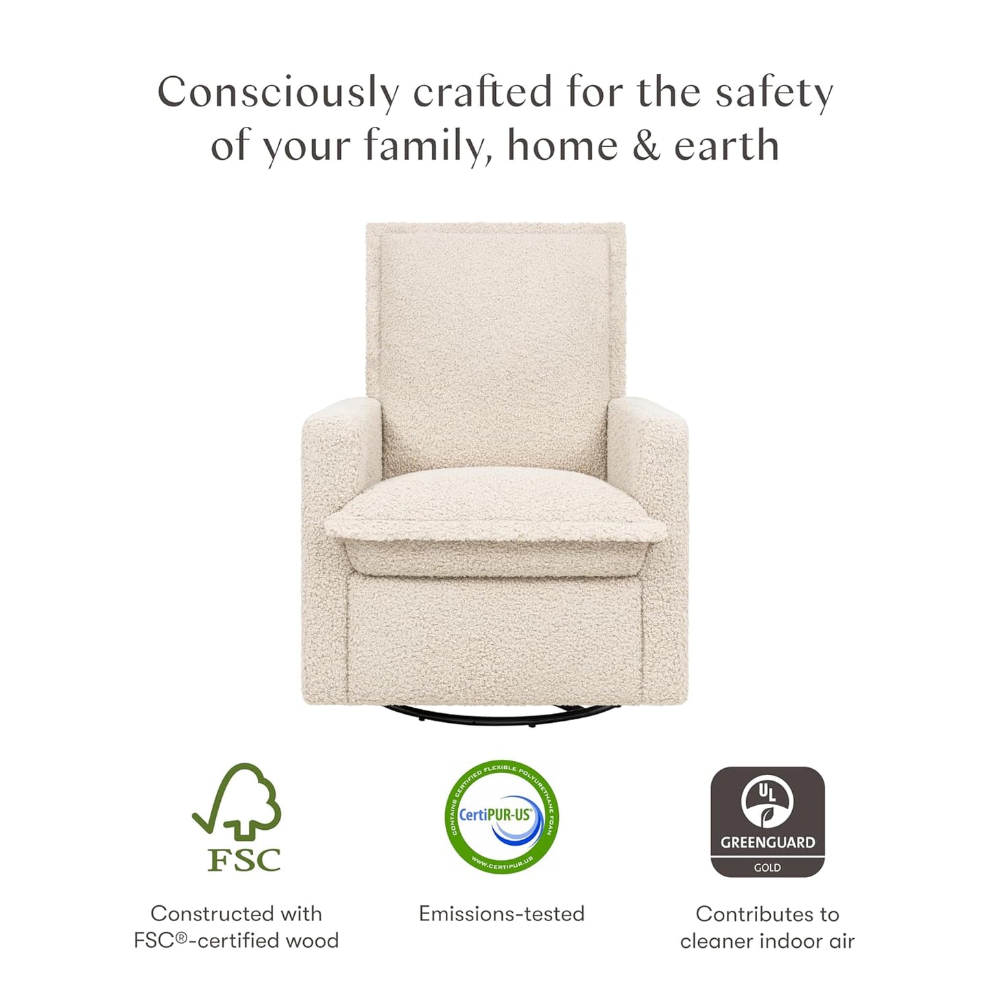 Babyletto Cali Pillowback Swivel Glider in Performance Plastic Cream Eco-Weave, Water Repellent & Stain Resistant, Greenguard Gold and CertiPUR-US Certified