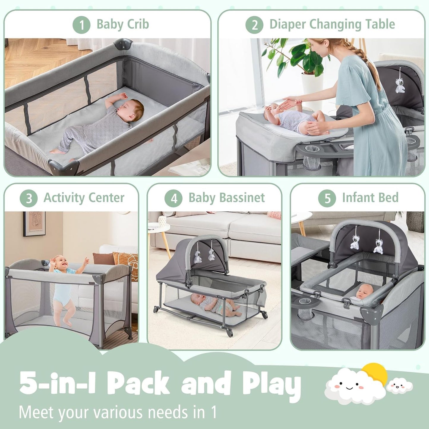 HONEY JOY Pack and Play, 5 in 1 Portable Infant Playpen with Bassinet & Changing Table, Storage Bag, Music Box, Toys, Carry Bag, Nursery Center, Baby Playard Pack n Play Crib for Boys Girls