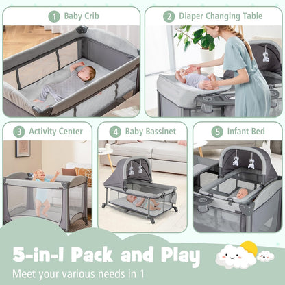 HONEY JOY Pack and Play, 5 in 1 Portable Infant Playpen with Bassinet & Changing Table, Storage Bag, Music Box, Toys, Carry Bag, Nursery Center, Baby Playard Pack n Play Crib for Boys Girls
