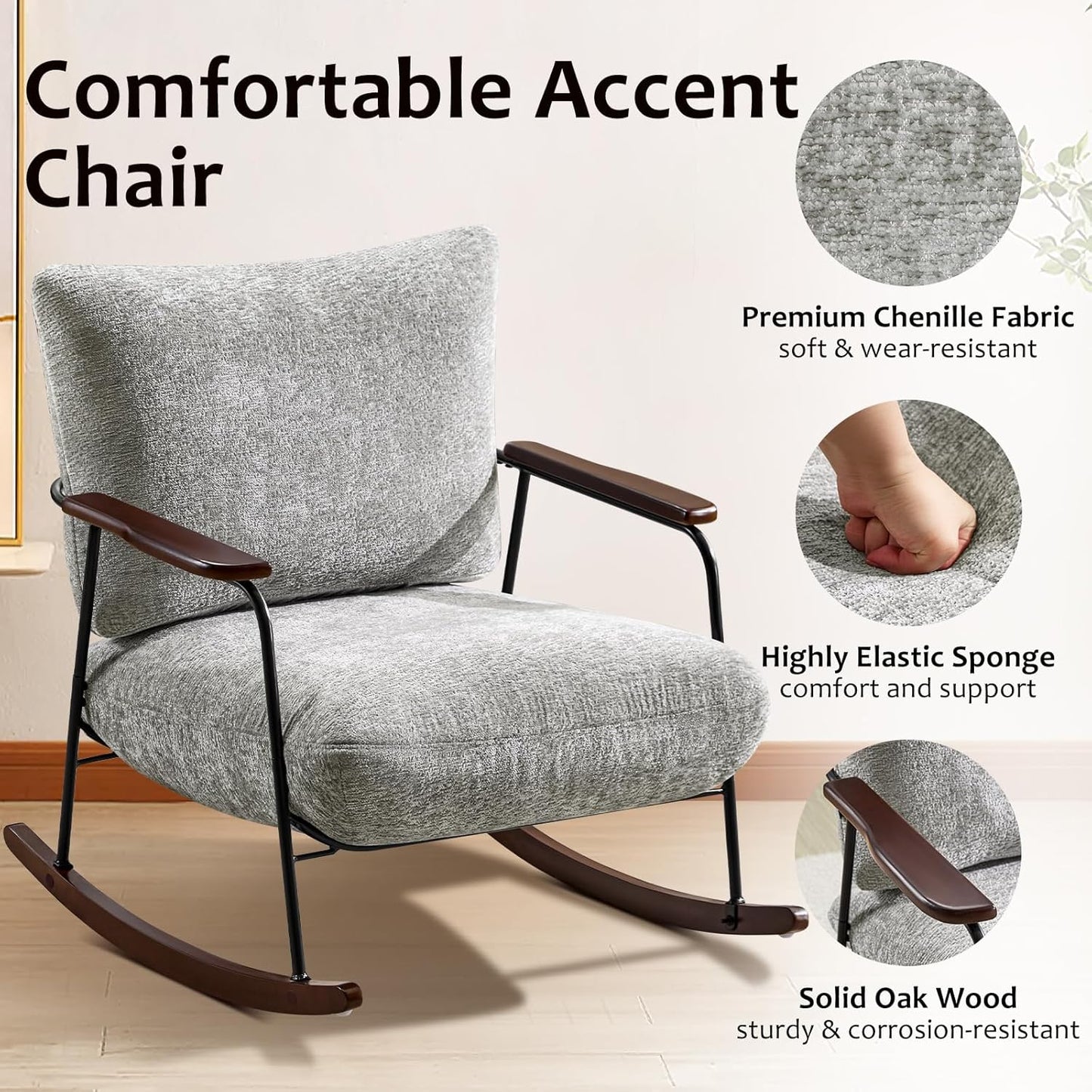 Rocking Chair Nursery Upholstered Glider Chair with Armrests Wood Legs for Relaxing, Comfortable Lounge Armchair Chenille Fabric for Living Room Bedroom, Gray
