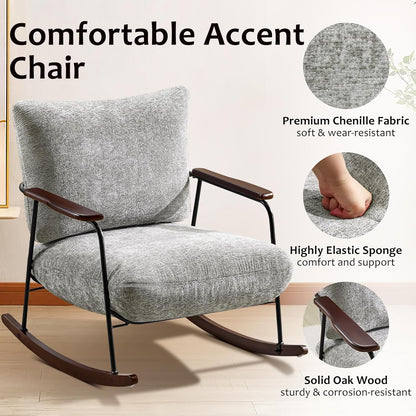 Rocking Chair Nursery Upholstered Glider Chair with Armrests Wood Legs for Relaxing, Comfortable Lounge Armchair Chenille Fabric for Living Room Bedroom, Gray