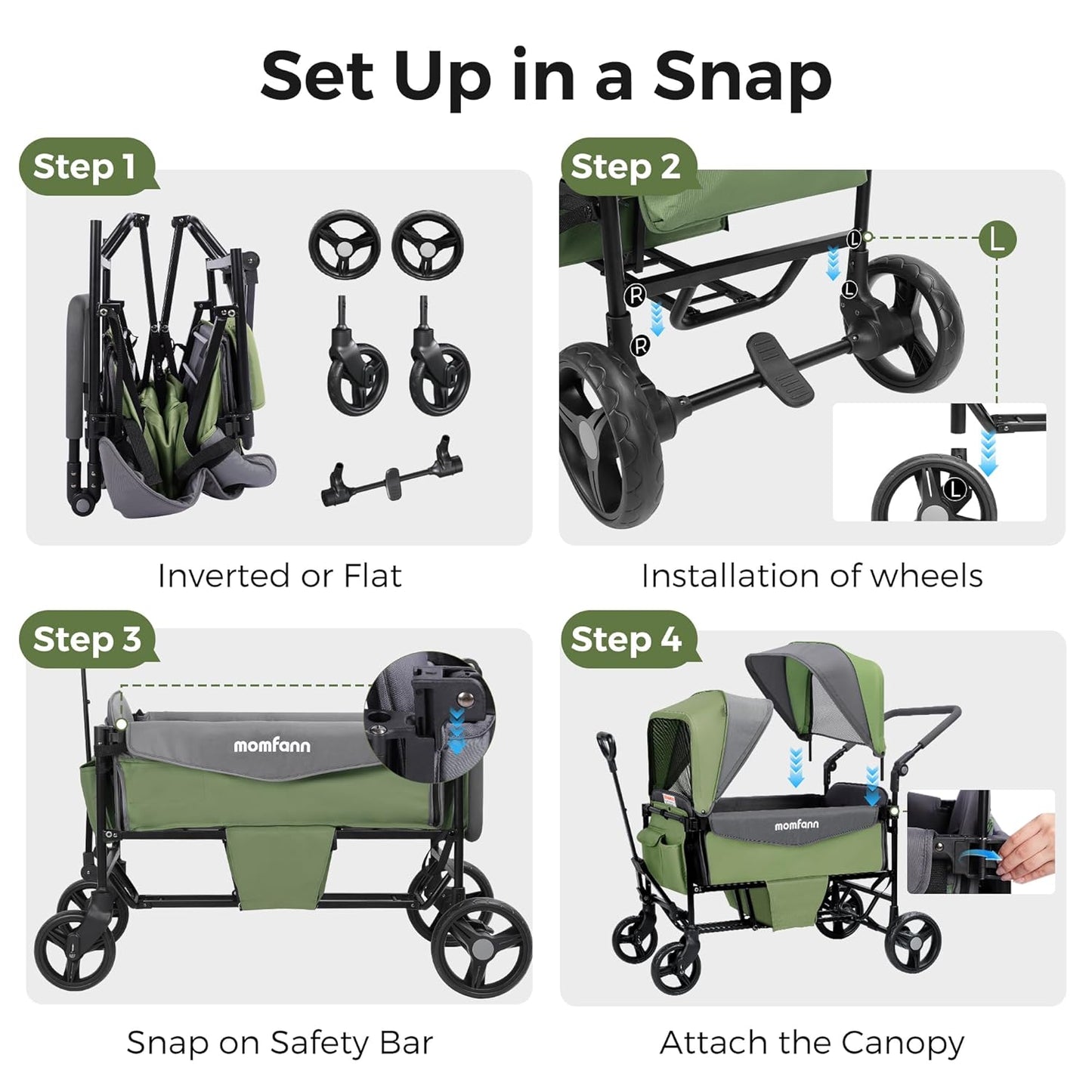 Stroller Wagon for 2 Kids with Canopy, Foldable All-Terrain Wagon Stroller with Adjustable Push/Pull Handle, Parent Organizer, 5-Point Harness, Ideal for Travel & Outdoor Adventures, Meadow Green