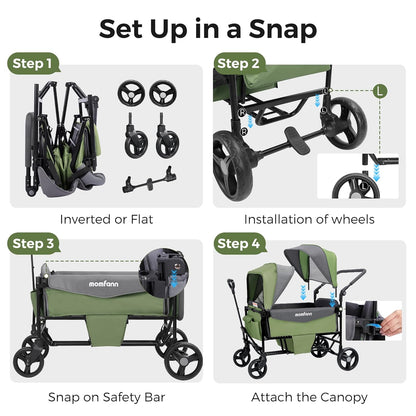 Stroller Wagon for 2 Kids with Canopy, Foldable All-Terrain Wagon Stroller with Adjustable Push/Pull Handle, Parent Organizer, 5-Point Harness, Ideal for Travel & Outdoor Adventures, Meadow Green