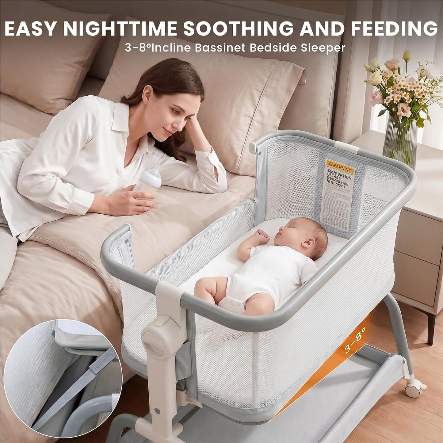 3 in 1 Baby Bassinet,Rocking Bassinets Bedside Sleeper with 6 Adjustable Heights,Breathable Full-Mesh,Comfortable Mattress & Lockable Wheels,Stable Rolling Portable Crib for Newborns(Gray) | Breathable Full Mesh, V-Shaped Structure