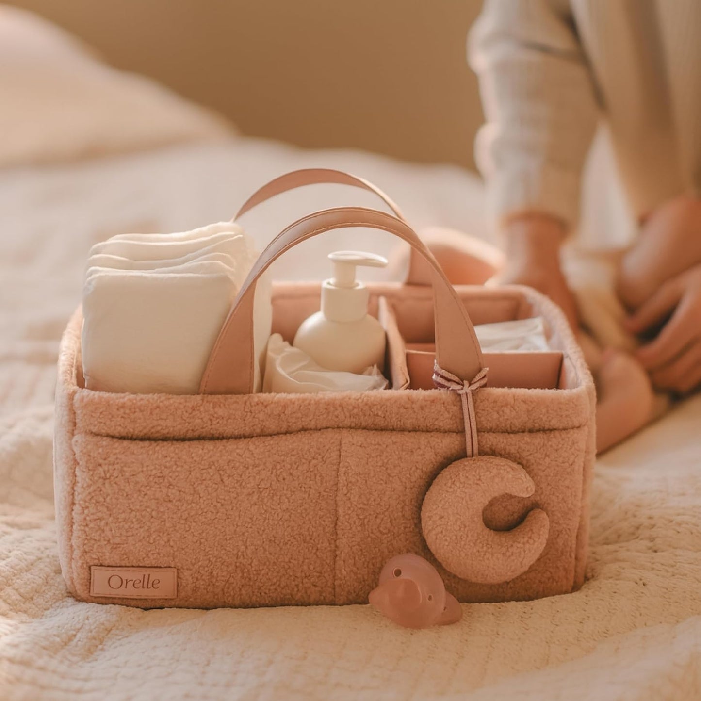 Orelle Bouclé Diaper Caddy Organizer with Matching Pouch & Moon Pendant | Teddy Portable Changing Table Organizer | Must-Have Baby Shower Gifts | Cream