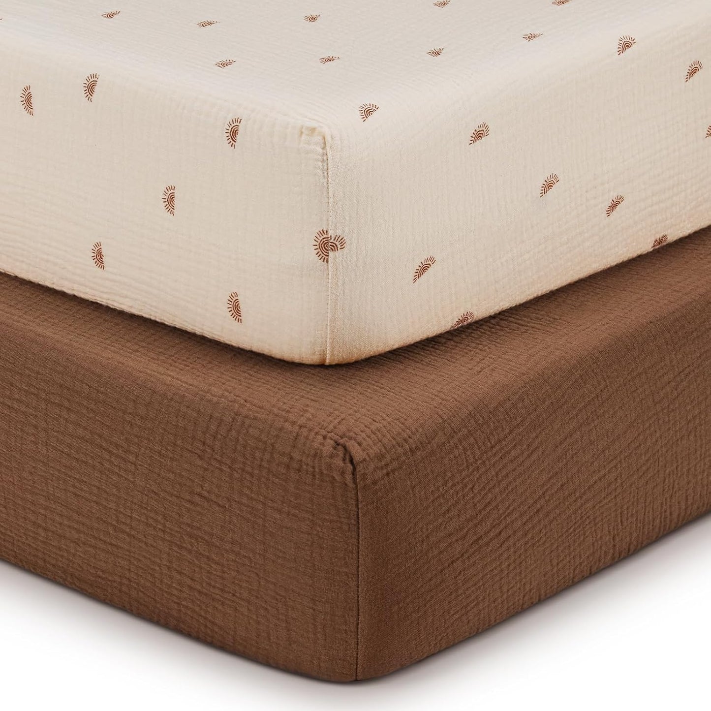 Blissful Diary Muslin Bassinet Sheets for Baby Girls Boys, Boho Soft Cotton Fitted for Oval Hourglass Rectangle Mattress, 2 Pack(Sunshine&Brown)